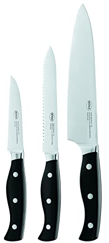 RÖSLE Barbecue-Messerset 3-tlg., Hochwertiges Kochmesser, Universalmesser, Gemüsemesser mit scharf geschliffener Klinge aus Klingenspezialstahl, genieteter Griff, 37 x 15,5 x 2,5 cm, Silber