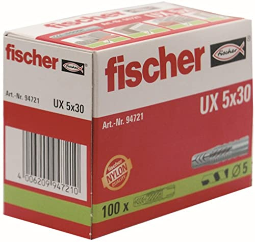 FISCHER Universaldübel UX 5 x 30, Schachtel mit 100 Nylondübeln, Allzweckdübel ohne Rand, für optimalen Halt bei Befestigungen in Beton, Gipskarton, Kalksand-Lochstein uvm.