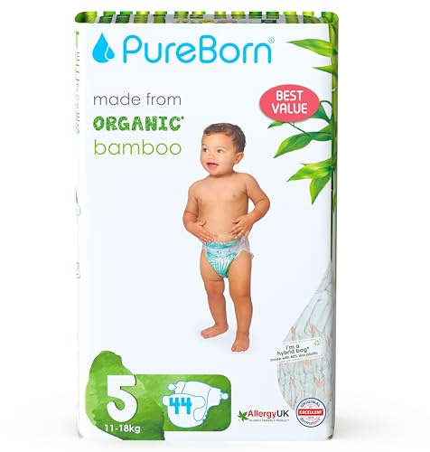 PureBorn 44 Couches Taille 5 (12-17 kg), Ultra-Absorbantes, Hypoallergéniques, Couches douces pour Bébé 12-24 mois, Testées Dermatologiquement, Anti-fuites, Écologiques en Bambou Naturel