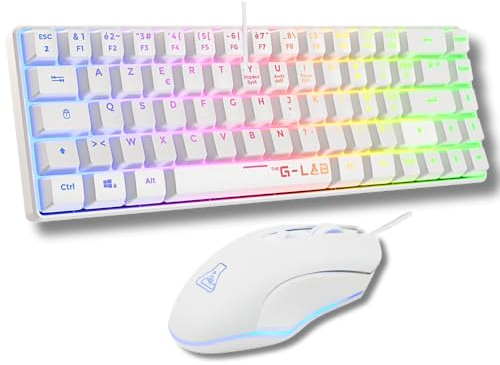 The G-Lab - Combo Hydrogen - Pack Clavier Souris Gamer, Clavier Gamer 60% Filaire, Rétroéclairage RGB, azerty, Format Compact + Souris Gaming RGB, 6 Boutons, 6200 DPI - PC/PS4/PS5 – Blanc