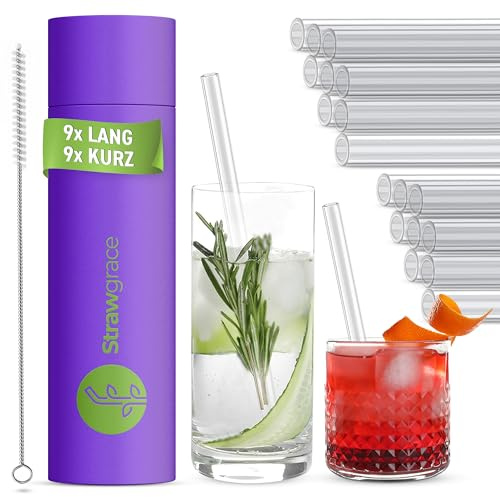 STRAWGRACE 18x Glasstrohhalme - 9x lang (21,5cm) & 9x kurz (15cm) - Innendurchmesser: 7 mm | Außendurchmesser: 10 mm [Hochstabil] Strohhalme Glas Wiederverwendbar - Glasstrohhalme lang und kurz