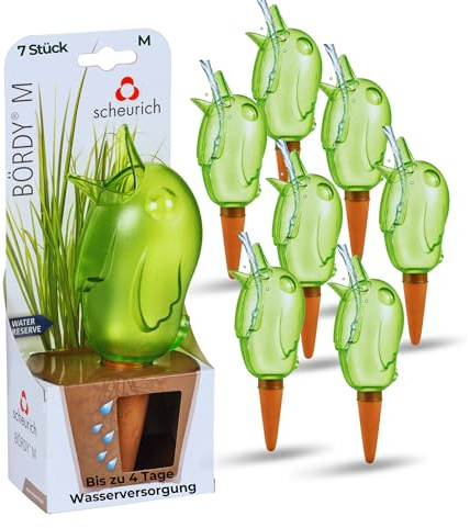Scheurich Wasserspender Bördy M | 7 x Grün | 220ml Füllmenge | Bewässerungskugel klein mit Ton Fuß | Wasserspender Pflanzen und Blumen Terrakotta Stiel