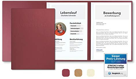 10 Stück 3-teilige Bewerbungsmappen Bordeaux mit 2 Klemmschienen in feinster Lederstruktur - hochwertige Prägung ''BEWERBUNG'' - direkt vom Hersteller STRATAG