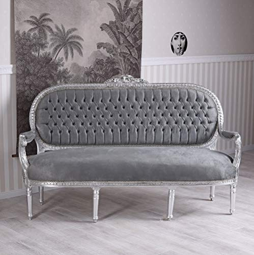 PALAZZO INT Barocke Sitzbank „Madame Pompadour“ – Rokoko Salon-Sofa Silber mit grauem Samt