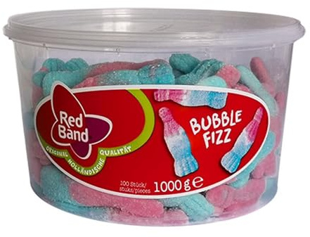Red Band Bubble Fizz - Großpackung: 1 kg Dose - Schaumzucker-Fläschchen mit Kaugummi-Geschmack und Brausepulver - Bubble-Gum-Geschmack - Holländische Qualität - Süßigkeiten