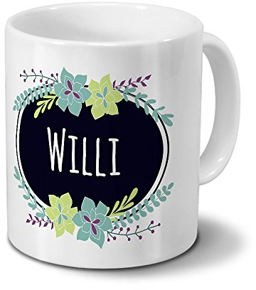 printplanet Tasse mit Namen Willi - Motiv Flowers - Namenstasse, Kaffeebecher, Mug, Becher, Kaffeetasse - Farbe Weiß