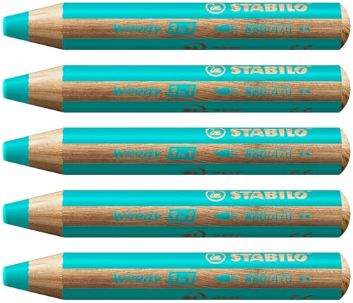 STABILO - Buntstift, Wasserfarbe & Wachsmalkreide - woody 3 in 1-5er Pack - türkis | 5er Pack, türkis