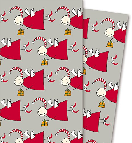 Lustiges Weihnachtspapier/Geschenkpapier mit vielen Engeln, grau (4 Bögen, 32 x 48 cm) Dekorpapier, Papier zum Einpacken, für tolle Geschenk Verpackung und Überraschungen