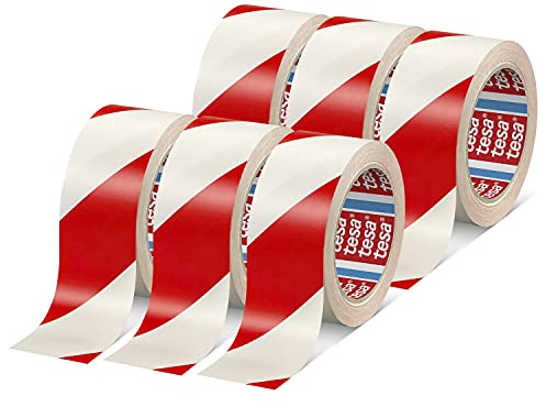 tesa 60760 Markierungsband - 6 Rollen - 33 m x 50 mm - Rot-Weiß | Bodenmarkierungsband aus weichem PVC - Warnband für temporäre Kennzeichnung von Gefahrenstellen - für Innenbereiche