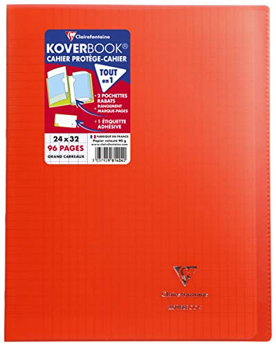 Clairefontaine 981404C – skolhäftapparat/anteckningsbok DIN A4 24 x 32 cm 48 ark 90 g, fransk linjatur, omslag av transparent polypropen, robust, häftad, röd, 1 st