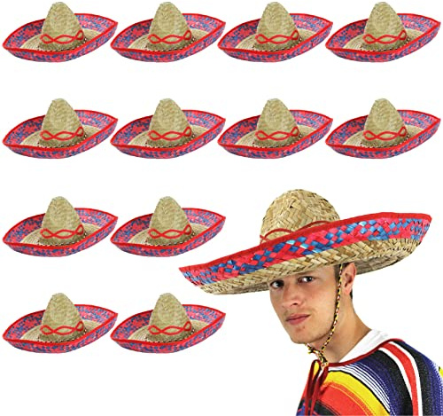I LOVE FANCY DRESS SOMBREROS MEXICANOS DE PAJA CON PADRON ROJO Y AZUL PARA ADULTOS PERFECTO PARA FIESTAS TEMATICAS (12 UNIDADES)