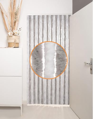 DEFACTO Flauschvorhang Türvorhang (90x200 cm) Chenille Fliegenschutz Insektenschutz Camping 100% Made In Italy - Vielseitig, Leicht Zu Reinigen, Effektiver Sicht- Und Hitzeblocker - Grau+Weiß DOPPEL