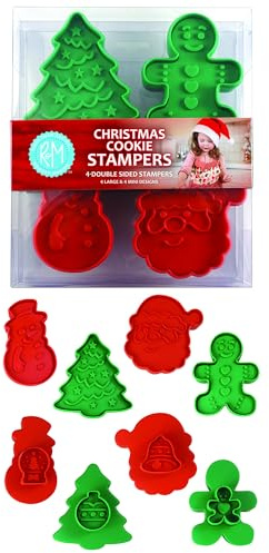 R&M, Christmas Double-Sided Cookie Cutter Stamper Set of 4, Assorted Designs and Sizes, Christmas Tree, Snowman, Santa, Gingerbread Man, Green and Red
