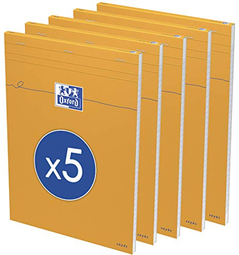 OXFORD Lot de 5 Bloc-Notes Orange A4 Grands Carreaux Seyès 80 Feuilles Agrafées Couverture Carte Enduite Orange
