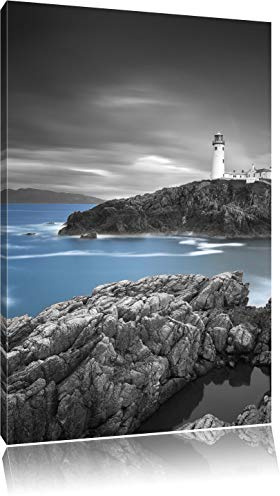 Pixxprint Leuchtturm an traumhaft blauem Meer B&W, Größe: 100x70cm, Leinwandbild, fertig gespannt, Wandbild, Dekoration, Kunstdruck, kein Poster