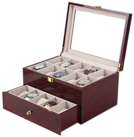 MR Maestro Relojero - Vitrina de Lujo para 20 Relojes | Madera Lacada Cherry | Guarda y Protege Tus Relojes | Acabado Interior en Microfibra, Crema, Madera