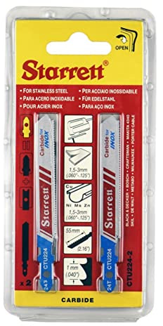 Starrett Metal Cutting Jigsaw Blades - 2 Pack CTU224-2 Unified Shank Carbide Tipped Stainless Steel Cutting Blade Set - Compatible With Bosch Dewalt Hitachi Festool Milwaukee