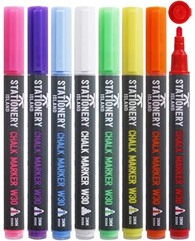 STATIONERY ISLAND Chalk Pens W30 Pack Of 8 Neon Colours â€“ 3mm Fine Bullet Nibs. Wet Wipe Erase Liquid Chalk Markers. For Glass (Windows & Mirrors), Whiteboards, Signs And Non-Porous Blackboards