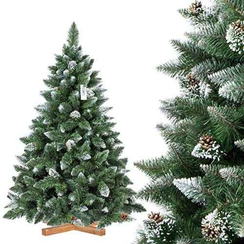 FairyTrees Weihnachtsbaum künstlich 150cm Kiefer mit Christbaum Holzständer | Tannenbaum künstlich mit Natur-Weiss beschneit | Made in EU