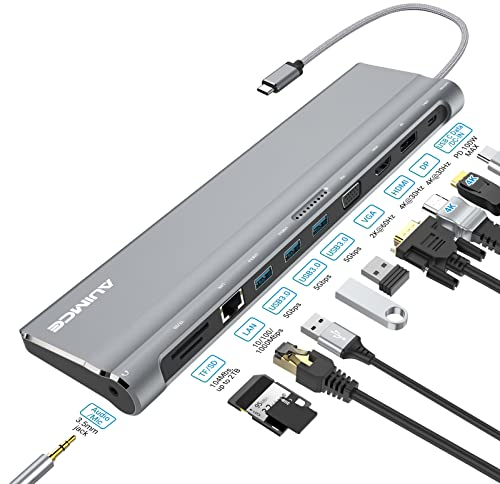 Estación de Acoplamiento USB C, USB C Dock Dual Monitor, 4K HDMI,DP,VGA Multiport Display para Ordenador portátil Hub, Ethernet,3 USB A, SD/TF,PD, Audio para DELL/HP/Lenovo/MacBook Pro/Thunderbolt 3