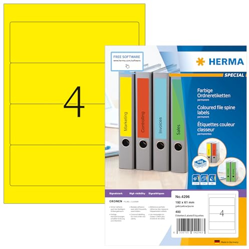 HERMA 4296 mappetiketter A4 kort/bred (192 x 61 mm, 100 ark, papper, matt) självhäftande, utskrivbara, permanenta mappa ryggetiketter, 400 filetiketter, gul