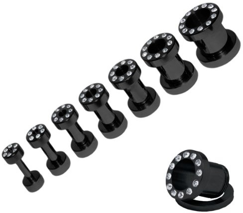 Soul-Cats SET schraubbarer Flesh Tunnel Straß Zirkonia Tunnels schwarz 2-10 mm