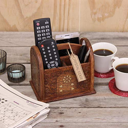 Wooden Remote Control Storage Rack with Brass Inlay 3 Section Caddy Handmade