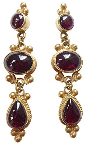 Große nostalgische Granat-Ohrringe leicht dunkel-rot Ohrstecker baumelnd Silber vergoldet Handarbeit Unikat Italien Antik-Look Vintage Retro edel