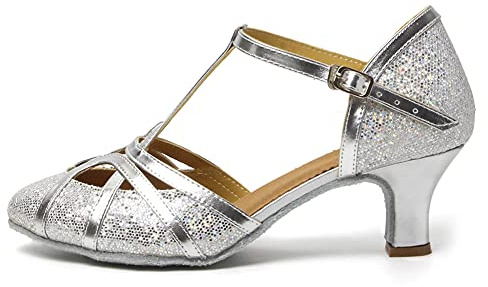 HROYL Women Dance Shoes C5-W11 Silver Leather Latin/Chacha/Samba/Modern/Jazz Dance Shoes, 5 UK, 5cm Silver