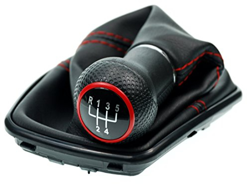 Pomello cambio e Cuffia cambio compatibile con VW Golf 4 e per Bora 1997-2006 - 5 Marce - 12mm - nero rosso - con telaio - finta simil pelle - leva cambio manuale - (A253-4)
