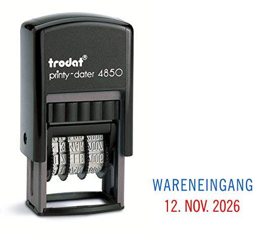 Trodat Printy Dater 4850 Datumstempel mit 2farbigem Kissen blau/rot + Wunschtext, Stempeltext:WARENEINGANG