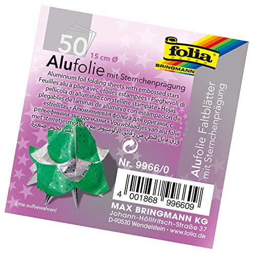folia 9966/0 - Alu Faltblätter rund mit Sternchenprägung, Durchmesser 15 cm, 100 g/qm, 50 Blatt Sortiert in 5 Farben - ideal für wunderschöne Faltfiguren und Sterne