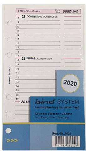 BIND B2602 - Kalendereinlage für Managerkalender A6 - Jahr 2020, 1 Woche / 2 Seiten, Terminkalender mit System