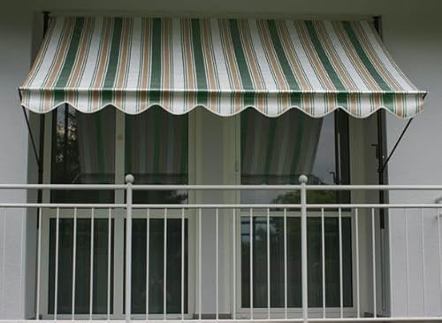 ANGERER Klemmmarkise Standard weiß-grün-beige, 350 cm | Markise für Sonnenschutz, Montage ohne Bohren, ideale Balkonmarkise für Mietwohnungen, Made in Germany, Bezug aus PE-Gewebe
