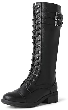 DREAM PAIRS Women's Lace Up Knee High Boots | TPR outsole, Faux fur lining, 1.25 heel, 16.5 shaft, Platform, Riding style, Combat style