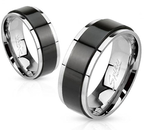 Paula & Fritz® Ring aus Edelstahl Chirurgenstahl 316L 6 oder 8mm breit Spinner mit schwarzem Band verfügbare Ringgrößen 47 (15) – 72 (23) R-H1658