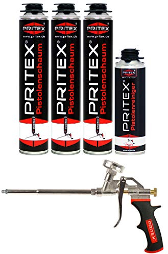 PRITEX – Bauschaum Set 3 x 750 ml Pistolenschaum inkl. Pistolenreiniger 500 ml und Schaumpistole – Montageschaum zum Verfüllen, Dämmen & Abdichten – PU-Schaum mit hervorragender Schall- & Wärmedämmung
