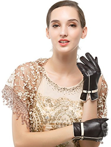 Nappaglo Damen Winter Leder Handschuhe Lammfell Touchscreen Warm Handschuhe mit Dekorativen Handgelenk Gürtel (M (Umfang der Handfläche:17.8-19.0cm), Braun mit Weißem Gürtel(Non-Touchscreen))