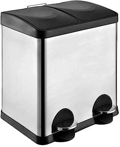 Amig - Double Recycling Bin with Pedals Mod. RECIK2 - Anti-smudge Kitchen Bin - Stainless Steel - 2 Compartments x 15 L - 48 x 32 x 40 cm - Silver and Black