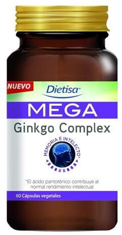 Dielisa - Mega Ginkgo Complex, Complemento Alimenticio con Ginkgo, Colina, Fosfatidilserina, 6 Vitaminas y Zinc, Ayuda con la Memoria, la Función Cognitiva y el Equilibrio Mental - 60 Cápsulas