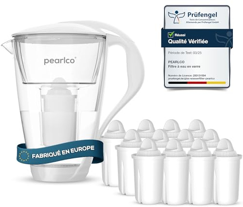 perlopur® Glas-Wasserfilter (weiß) +12 Filterkartuschen Universal | Borosilikatglas, 2 l gesamt, 1 l gefiltert, LED-Anzeige, für classic Kartuschen, reduziert Kalk, Chlor & andere Schadstoffe
