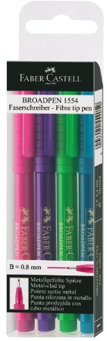 Faber Castell 155405 - Fineliner Broadpen 1554, 4 Stück im Etui, je 1x pink, violett, hellgrün und türkis