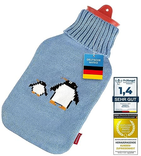Snoozy® Wärmflasche mit weichen und kuschligen Bezug XXL mit 2 Liter Volumen für langanhaltende Wärme; 100% Naturkautschuk (Pinguin)