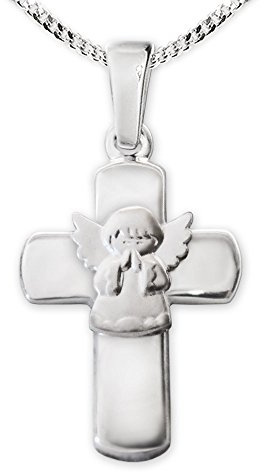 CLEVER SCHMUCK Kinder Kreuzkette Silberkreuz Anhänger 15 mm glänzend mit Engel betend matt Kette Panzer 40 cm 925 Sterling Silber zur Erstkommunion Taufe im Schmucketui