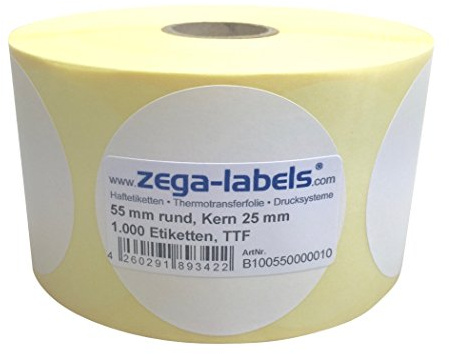 Thermotransfer Etiketten auf Rolle - 55 mm rund - 1.000 Stück je Rolle - Kern: 25 mm - aussen gewickelt - permanent haftend - Druckverfahren: Thermotransfer (Drucken mit Farbband)