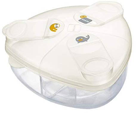 MAM Formula Dispenser | Stores 40g Per Serving and Holds 3 Servings | Spill-Free Snap Cover for Easy Opening | Baby Accessories | White (Various Designs)