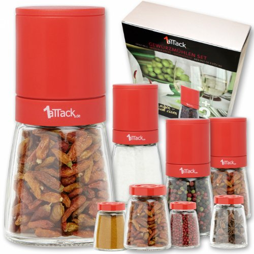 1aTTack.de of Pepper Mills Salt Mill Spice Mill Unfilled with Ceramic Grinder Pepper Mill 140 ml/13.5 cm High – Beech Wood, Set da 4, Rosso, 135 mm, 4-er Set