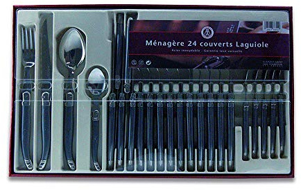 Laguiole Production - Ménagère 24 pièces - Set de couverts de table acier inox et ABS pour 6 personnes - Présentation coffret cadeau - Couleur noir nacré