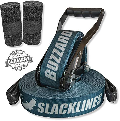 BUZZARD Easyline - Nachhaltiges Slackline-Set 15 m mit Baumschutz 120 cm - Made in Germany