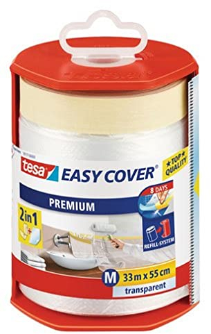 tesa Easy Cover Premium Abdeckfolie für Malerarbeiten - 2 in1 Malerfolie zum Abdecken und Kreppband zum Abkleben - Nachfüllbar, mit Abroller - 33 m x 50 cm